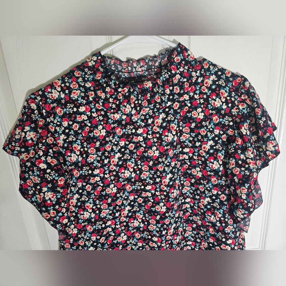 Womens Short Sleeve Floral Ruffle High Neck Casual Blouse Large - Picture 7 of 9